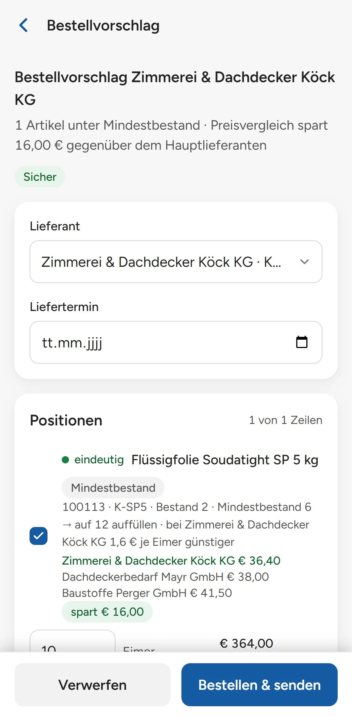 Bestellvorschlag mit Preisvergleich am Handy